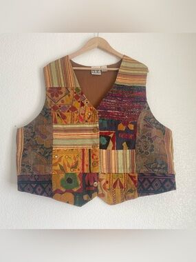 Vintage patchwork vest multi textures/patterns boho cottagecore, 18/20